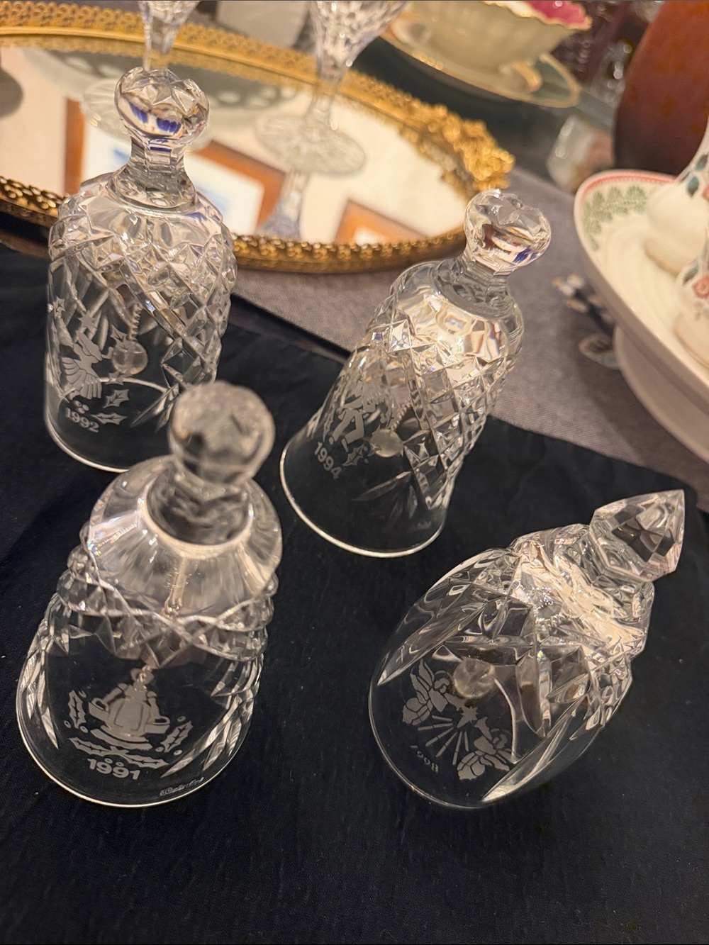 Set of 4 vintage Waterford Clear Crystal Etched Bell Collection